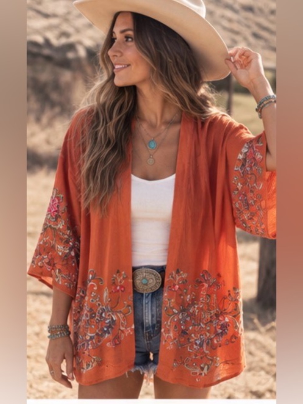 Boho Embroidered Floral Open Front Kimono Duster Cardigan Lightweight